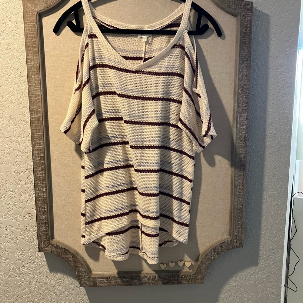 Buckle, Open Shoulder, Red and Blue Stripped, Open Weaved Shirt